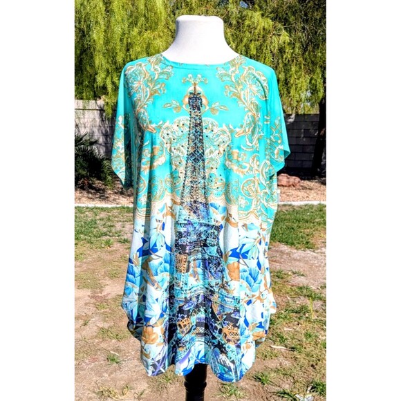 Blossom by P. Tunic Top Womens XL Eiffel Tower Beaded S/S Semi-Sheer Knit Top - Picture 1 of 6